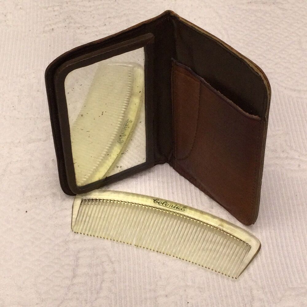 Vintage Brown Leather Embossed Peacock Vanity Mirror Wallet Lucite Comb